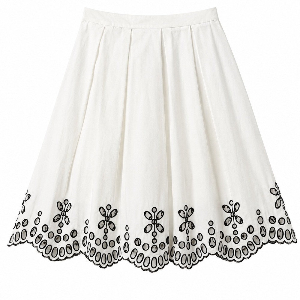 Moulinette Soeurs Anthropologie White Black Eyelet Embroidered Midi Skirt Size 6